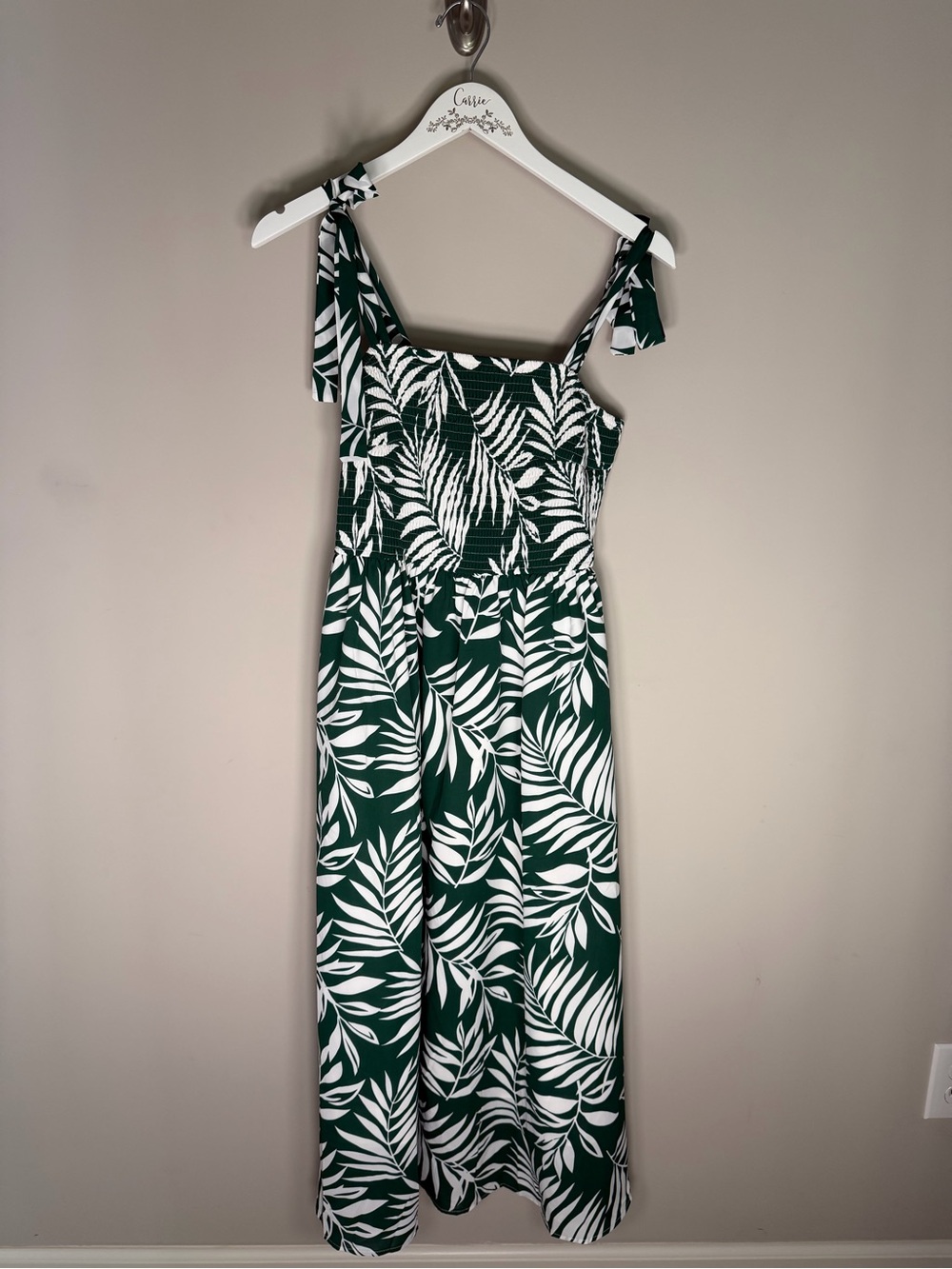 PRETTYGARDEN Green Tropical Print Smocked Tie Strap Maxi Dress NWT - Small